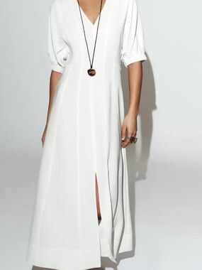 Zara White V-Neck Maxi Dress with Front Slit